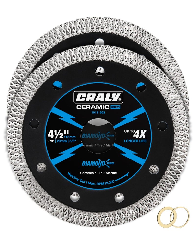 CRALY 4-1/2 Inch Super Thin Diamond Blade, 7/8 in Arbor, 4.5'' Diamond Tile Blade for Angle Grinder & Tile Saw, Diamond Cutting Wheel for Cutting Ceramic, Tile, Marble, Granite, Brick, Porcelain, 2PC - Image 1